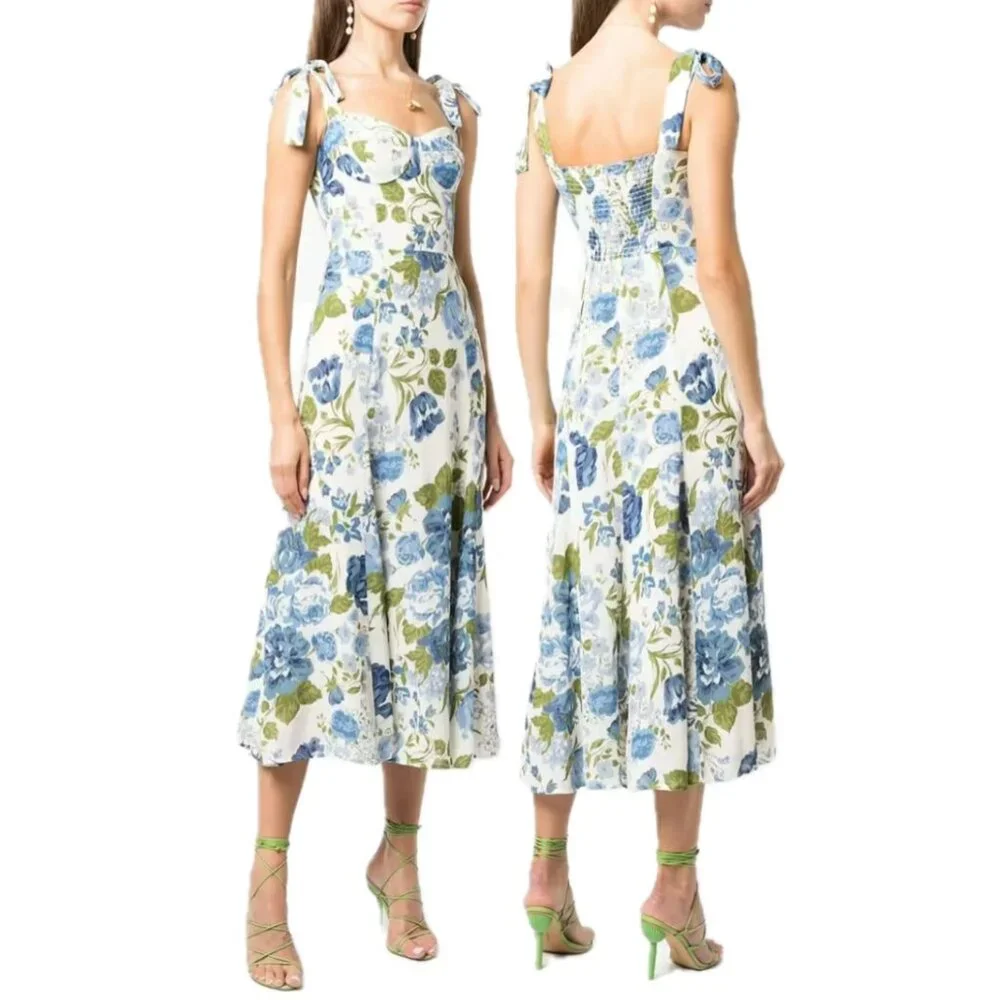 REFORMATION Nadira Lucca Floral Pattern Sleeveless Midi Dress (Blue/Cream/Green) - Picture 2 of 16